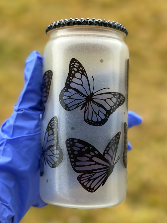 Purple Butterflies 16 oz Glass Can with Rhinestone Bamboo Lid & Straw