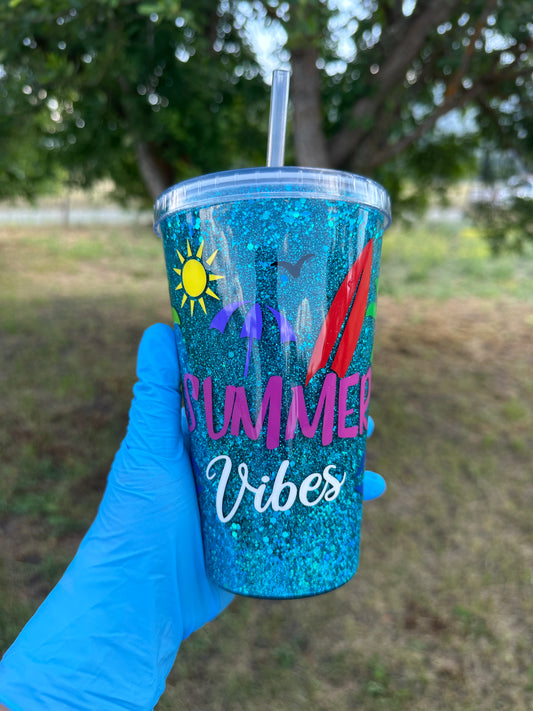 Summer Vibes 16 oz Acrylic Snow Globe Tumbler with Lid & Straw